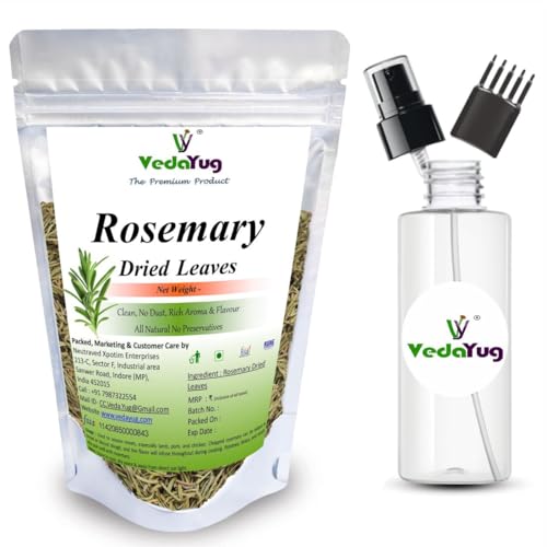 Image of VY VedaYug Rosemary Leaves for Hair Growth, 100g | Food Grade Rosemary Leaves for Seasoning + 1 Mist Spray Bottle for Rosemary Water
