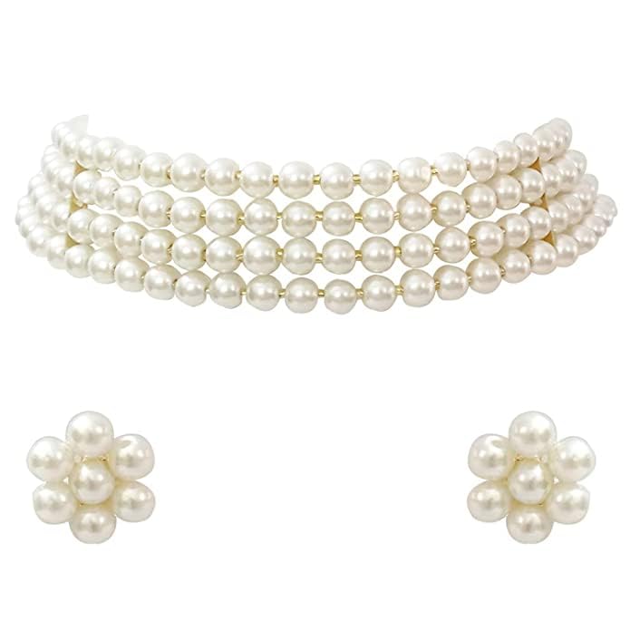 SAMC Stylish Gold Tone Ethnic Multistrand Pearl Choker Necklace and Earring Set For Women