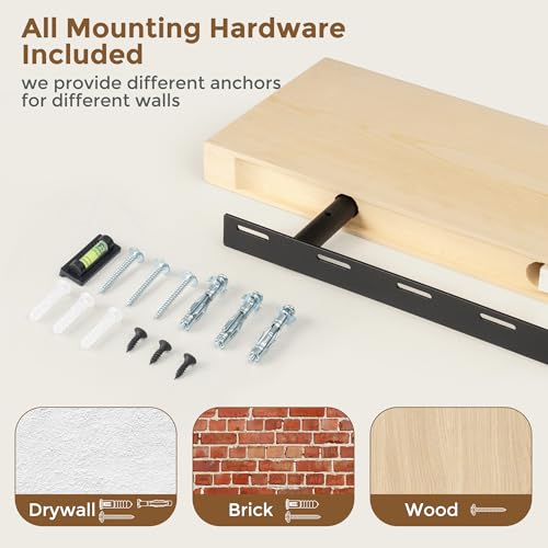 Image of Marsmiles Floating Shelves for Wall - 55 Inch Unfinished Natural Wood Floating Shelves Set of 1-55 Inch Wide x 7.7 Inch Deep x 1.6 Inch Thick Natural Wooden Shelves for Room Wall