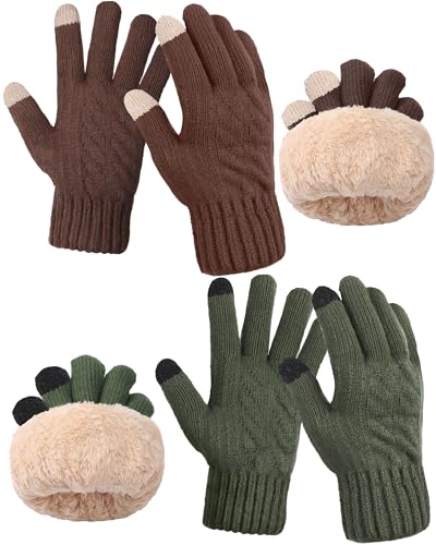 Shihanee 2 Pairs Winter Fleece Lined Gloves for Men Warm Thick Gloves with Touchscreen for Cold Weather Thermal Supplies(Green, Brown)
