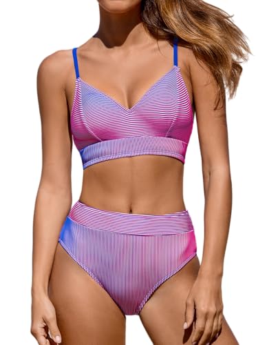 CUPSHE Women's Bikini Sets Two Piece Swimsuit High Waisted Striped V Neck Swimwear Back Tie