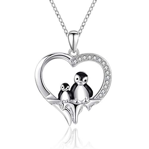 Cadena de pingüino para mujer, plata 925, colgante de piedra lunar, collar de corazón, animales, cadena de pingüino, regalo para niñas, adolescentes, mujeres y niños, Plata Cover