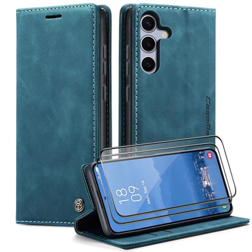 Portefeuille cuir Samsung S24 FE bleu étui à clapet raffiné avec verres d'écran