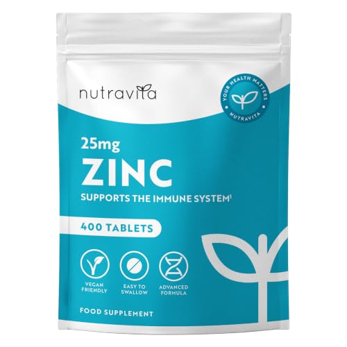 Zink Tabletten 25mg - 400 Vegane Tabletten - Zink Hochdosiert, Ohne Unnötige Zusatzstoffe - Für die Aufrechterhaltung Eines Normalen Immunsystems, Kognitive Funktion, Knochen, Haare & Haut - Nutravita