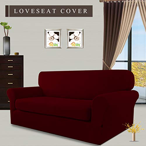 Image of Easy-Going 2 Pieces Stretch Loveseat Couch Sofa Slipcover Washable | Spandex Soft Fitted Sofa Couch Cover for Sofa Furniture Protector with Bottom Kids,Pet Dog Wine