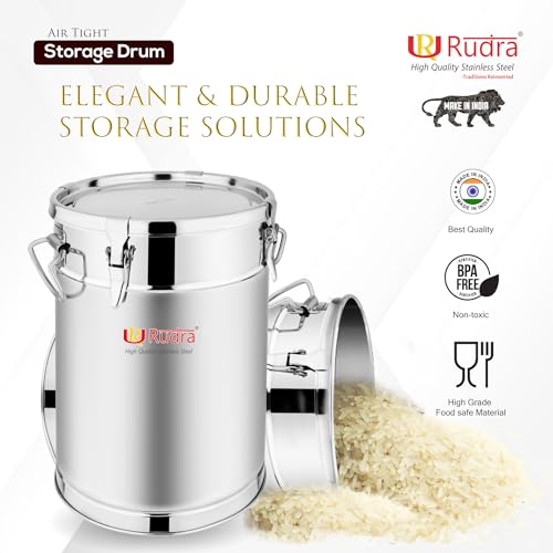 Image of Rudra Stainless Steel Air Tight Container /Drum /Box for Kitchen Storage | Kothi | Rice | Flour Atta Big Dabba With Handle | (40, Cylinder, 1, RU3014)