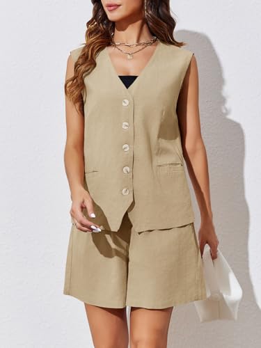 Cicy Bell Womens Summer Blazer Vest 2 Piece Sets V Neck Sleeveless Button Down Waistcoat and High Waisted Work Suit Short Set4