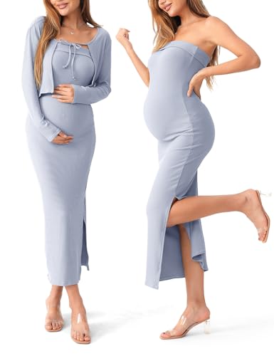 SUNNYBUY Baby Shower Maternity Tube Dress Short Cardigan Bodycon Ribbed Maxi Dress Casual 2 Piece Pregnancy Outfit Set, Light Blue S