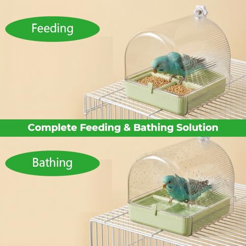 Image of Qpets3-in-1 Bird Bath & Feeder Box Bird Cage Mounted Bathing Dome with Dual Food Trays & Grid Perch Platform, BPA-Free Bird Cage Feeder and Bath Station, Removable Cleaning Base, 16x17x18.5cm