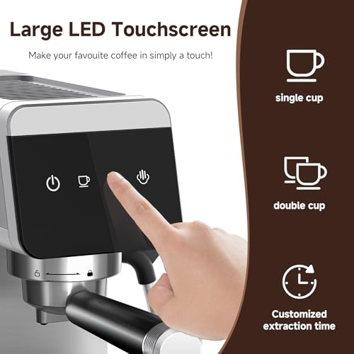 Image of AMZCHEF Espresso Machine 20 Bar, Compact Coffee Maker with LED Touch Screen & Milk Frother, Brushed Stainless Steel Housing Espresso Maker for Home & Office, Coffee Machine for Cappuccino, Latte