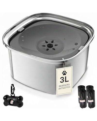 NOOGUI - Bebedero Perro - 3L de Capacidad - Antigoteo, Antisalpicaduras y Antivuelco - Acero Inoxidable -Antideslizante - Apto Interior y Exterior - Incluye Dispensador + 4 Rollos de Bolsas