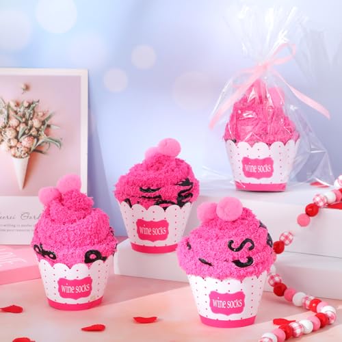 Image of Geyoga 4 Pair Valentine's Day Wine Socks Gifts for Women Wine Lovers Xmas If You Can Read This Cupcake Crew Socks(Neon Pink)