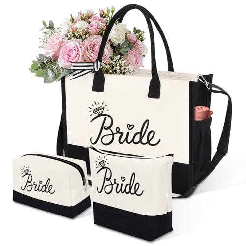 HOMIEE 3PCS Bride Canvas Tote Bag, Wedding Gifts for Bridal Shower Bachelorette Party Engagement Honeymoon