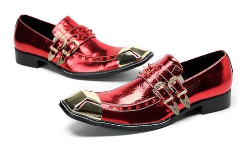 Santimon Men's Slip On Penny Loafers - Genuine Leather Dress Casual Western Shoes with Metal-Square Toe & Beaded Buckles for Wedding & Tuxedo Party4