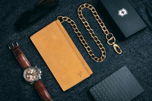 Long Trifold Chain Wallet for Men leather Checkbook Cover, RFID Blocking chain wallet Card Slots, Zipper Coin Pocket - Biker Stainless Chain Design in the U.S.A - Side Slip Bill Slot J212B Tan3