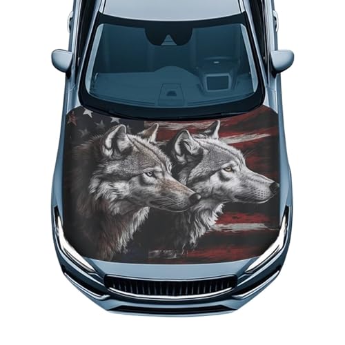 Image of American Flag Wolf Hood Wraps for Cars Hood Wrap Protector Washable Car Hook Elastic Fabrics Can be Washed Hook Wraps