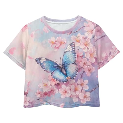Image of Girls Crop Tops Cute Short Sleeve Shirts Fashion Tees for Kids Casual Crewneck Blouses Size 8-16 Years