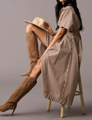 Women's Striped Button Front Pleated Maxi Shirt Dress Short Sleeve Collar V Neck Summer Casual Corset Long Dress3