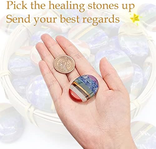 Thumb Worry Stone for Anxiety - 7 Chakra Healing Crystal Oval Pocket Palm Stone Chakra Stones Beaded Bracelet Set Gemstones for Meditation Reiki Balancing