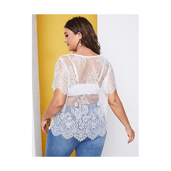 WDIRARA-Womens-Plus-Size-Sheer-Mesh-Lace-Top-Sexy-Scallop-Trim-Blouse WDIRARA Women's Plus Size Sheer Mesh Lace Top Sexy Scallop Trim Blouse White 1XL