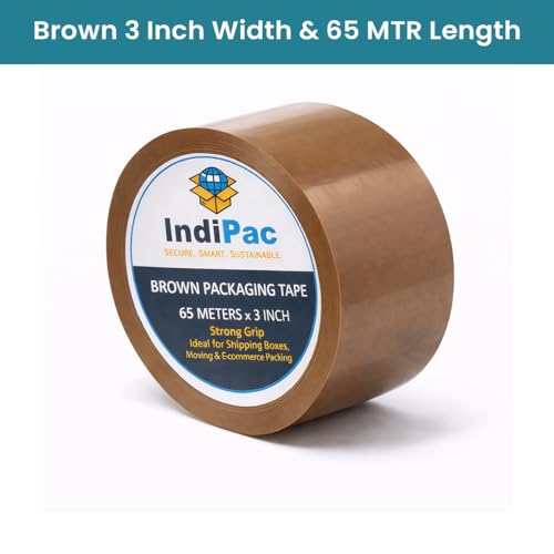 Image of Indipac Brown Cello Tape 3 Inch 65m Roll BOPP - Heavy Duty Sealing Tape for Carton Box Packing, Warehouse, Industrial, Office & Ecommerce Packaging (Pack of 12)
