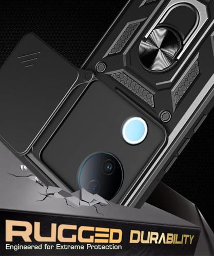 Image of WOW IMAGINE Tough Armor Bumper Mobile Back Case for iQOO Z10R 5G | Vivo V50 5G | V50e 5G | Sliding Camera Cover | Shock Proof 360 Protection | Hybrid PC + TPU | Ring Holder with Kickstand - Black