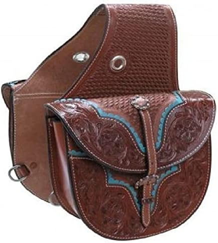 D&L Saddlery Cowhide Genuine Leather Western Equestrian Trail Tooling Carving Horse Saddle Bag Tooled Carved Pack Equipment Horse Saddle Bags Size: 10” L x 10” W x 3 ½” D inches BAG48