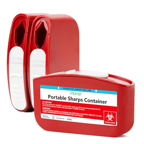 iHome Portable 3 Pack Sharps Container for Travel and Home Use Mini Container for Needles Disposal Small Sharps Box