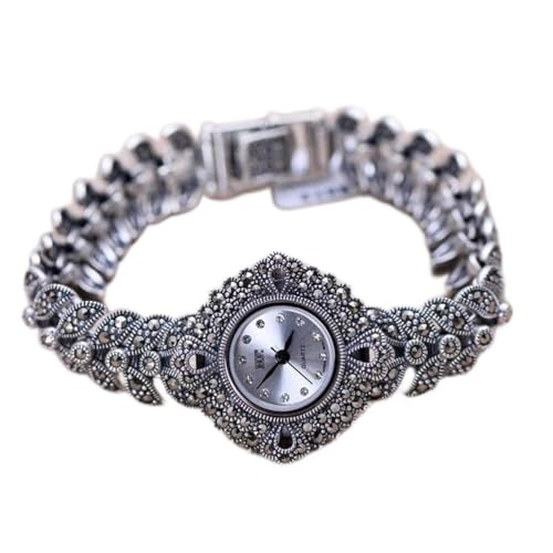 WOZUIMEI Reloj Vintage Plata de Ley 925 Reloj de Pulsera Vintage Joyas Plata Tailandesa Retro Marcasita Reloj Femeninoblanco