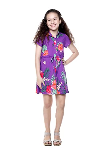 Girl Hawaiian Short Sleeve Shirt Dress with Tie in Pretty Tropical Orange