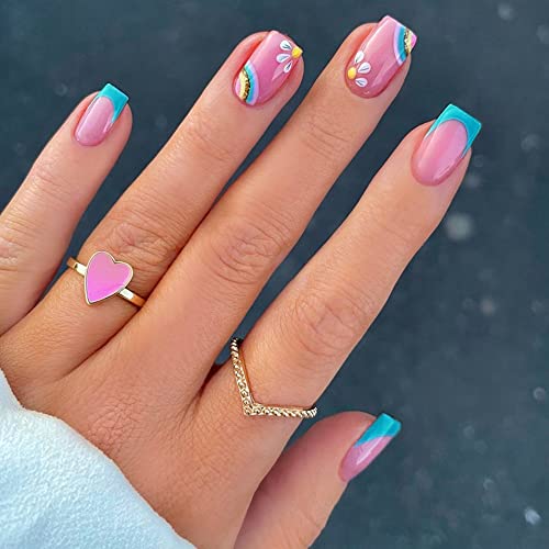 KXAMELIE Blue Press on Nails Short,Glossy Reusable Short Square Shape Fake Nails with Salon UV Finish Designed with Flor