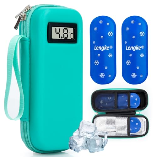 SUNMON Insulin Kühltasche mit °C Temperaturanzeige, Isolierte Insulin Pen Kühltasche mit Kühlakkus tragbare Reisetasche für Diabetikerzubehör, 6-8Std.Kühlung Medikamententasche 21.5 × 9 ×5.8cm (Grün)