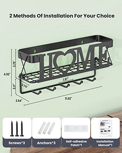 OHOBABY-Key-Holder-for-Wall-Key-Rack-with-5-Key-Hooks-1102-L275-W492-H-Key-and-Mail-Organizer-Wall-Mount-with-Mesh-Basket-Key-Hanger-for-Wall-Entryway-Home-DecorMatte-Black