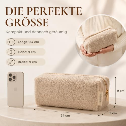 Trousse de maquillage en peluche Teddy avec initiales brodées - Trousse de maquillage en pelusch personnalisée idéale comme organisateur pour le sac à main, beige, Non personnalisé, Moderne – vue 4
