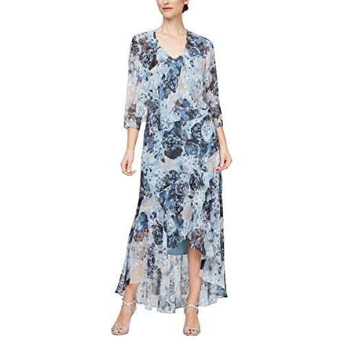 Image of Alex Evenings Womens Sleeveless Printed Chiffon Midi Spring /Summer Mother of The Bride Dress with Jacket & High-Low Hemline