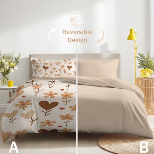 Housse de couette 240x220 cm floral et drap en microfibre marron clair - 7