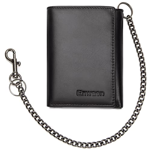 Mens Wallet with Chain, Genuine Leather Trifold Wallet RFID Blocking Anti-Theft Chain for Biker, Motorcycle(Black)