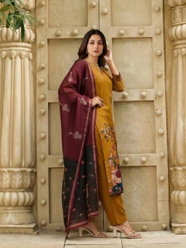 Image of GoSriKi Women Viscose Blend Printed Straight Kurta with Pant and Dupatta | Ladies Kurta Pant Dupatta Set | Women Ethnic Wear Dress | Indian Traditional Clothing for Girl