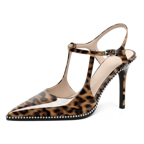 Image of SAMMITOP Womens High Heels Ankle Strap Pointed Toe Stilettos Patent Leather Beaded Pumps Dress Shoes 3.5 Inch