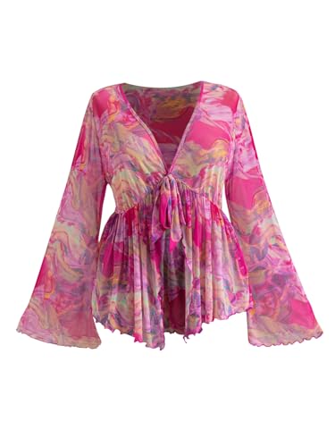 GORGLITTER Women's Plus Size Mesh Bell Sleeve Top 70s Tie Front Paisley Boho Peplum Babydoll Tops Blouse