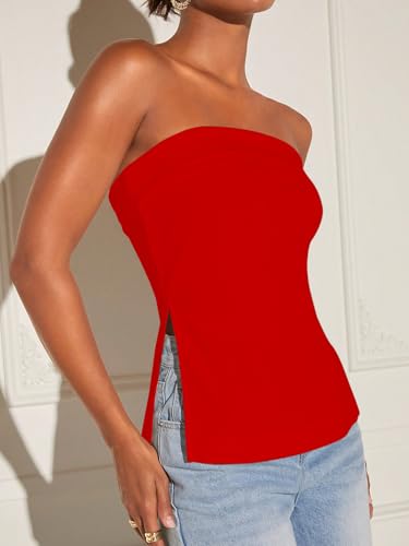 Image of Aahwan Women Polyester Slim Fit White Solid Split Strapless Hem Tube Top with Side Slit Crop Top