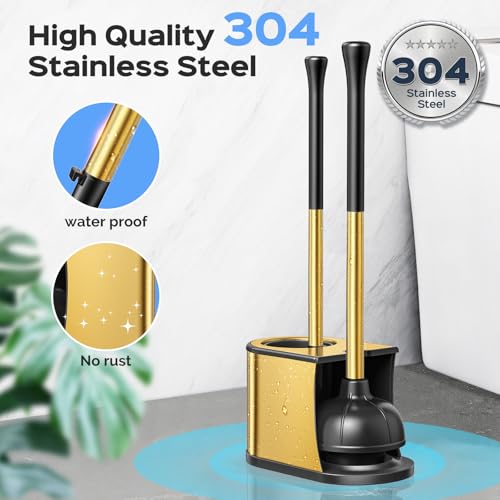 Image of HAMITOR Toilet Plunger and Brush Set: 2 in 1 Stainless Steel Combo with Curved Bristles - Heavy Duty Toilet Unclogging for Family Bathroom - Compact Hideaway Apartment Cleaning Accessories - Gold