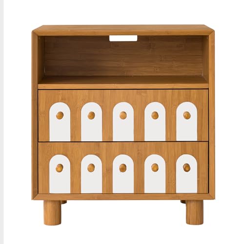 Image of 26 inch Tall Nightstand with Charging Station - Modern Wood Bedside Table with 2 Drawers & Mirror Handles, 200lb Large End Table for Bedroom (Natural)