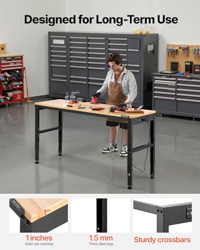 Image of VEVOR Adjustable Workbench, 2000 lbs Capacity, 61 x 20-inch Heavy Duty Work Bench with 27.1-36 Inches Height Adjustment, Garage Workbench with Power Outlets, Suitable for Office, Garage, Workshop