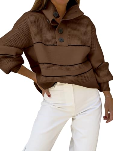 Image of chouyatou Women's Slouchy Waffle Knit Sweater 1 /2 Button Polo Collared Pullover Striped Sweater Tops
