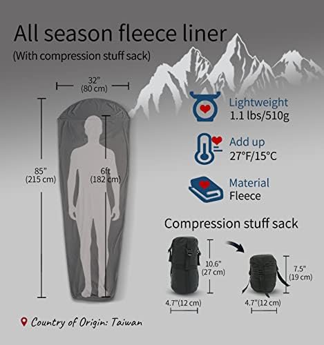 Litume All Season Sleeping Bag Liner Adds Up to 15°C/ 27°F, Compressible and Lightweight Mummy Sleeping Sack for Backpacking, Camping