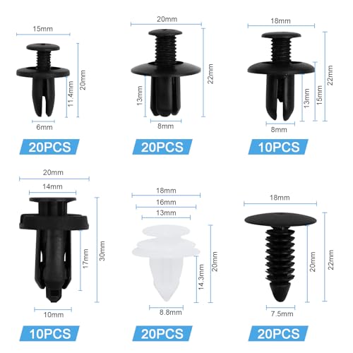 JatilEr 100 Stück Befestigungsclips Auto Clips Set, 6 Arten Türverkleidung Clips Nylon Stoßstange Spreiznieten Karosserie Clips Kunststoffniete Befestigungssatz Clips für Auto