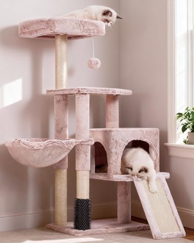 Heybly Kratzbaum mit Katzenbürste, Katzenbaum für Hauskatzen mit Gepolsterter Sitzstange aus Plüsch, Katzenkratzbaum mit Korb, Kratzbrett und Kratzbaum, Braun-beige HCT005SMU