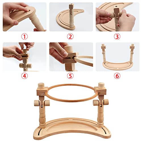 Image of ZOCONE Multifunctional Beech Wood Embroidery Hoop Stand with 2 Pcs 6'' 8'' Embroidery Hoops, Adjustable Rotated Embroidery Stand Cross Stitch Stand, Embroidery Hoop Holder for Embroidery Project (D)