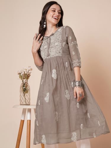 Image of RATAN Women's Muga Cotton Flared Lucknowi Chikankari Ethnic Wear Kurta